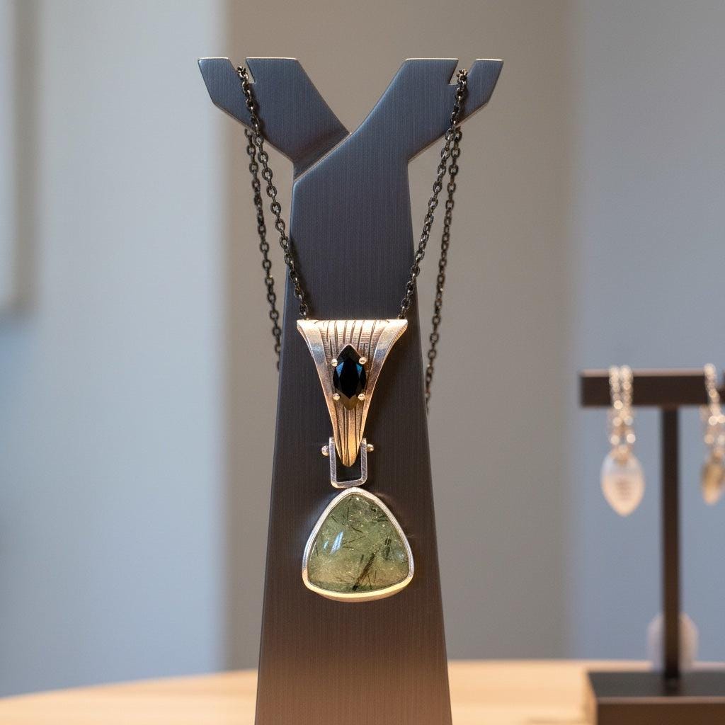 Prehnite & Marquise Onyx Statement Pendant – Hand-Milled Sterling Silver on Black Stainless Steel Chain