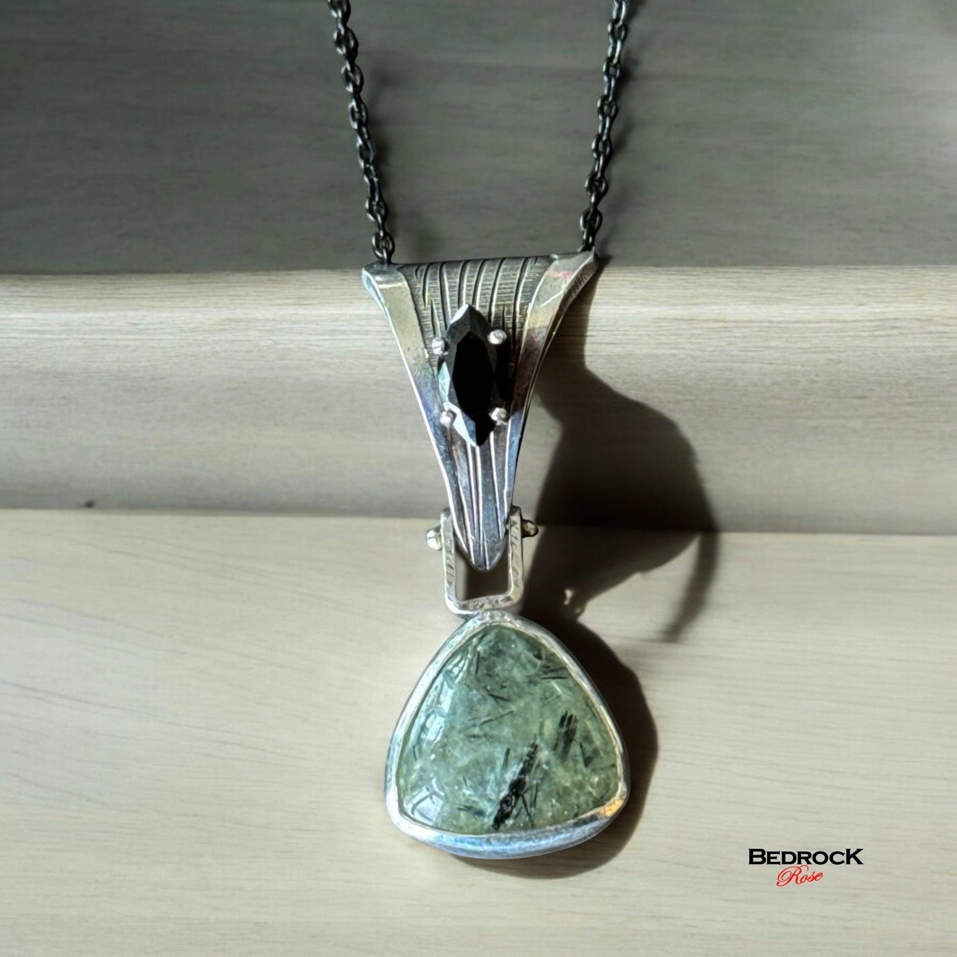 Prehnite & Marquise Onyx Statement Pendant – Hand-Milled Sterling Silver on Black Stainless Steel Chain