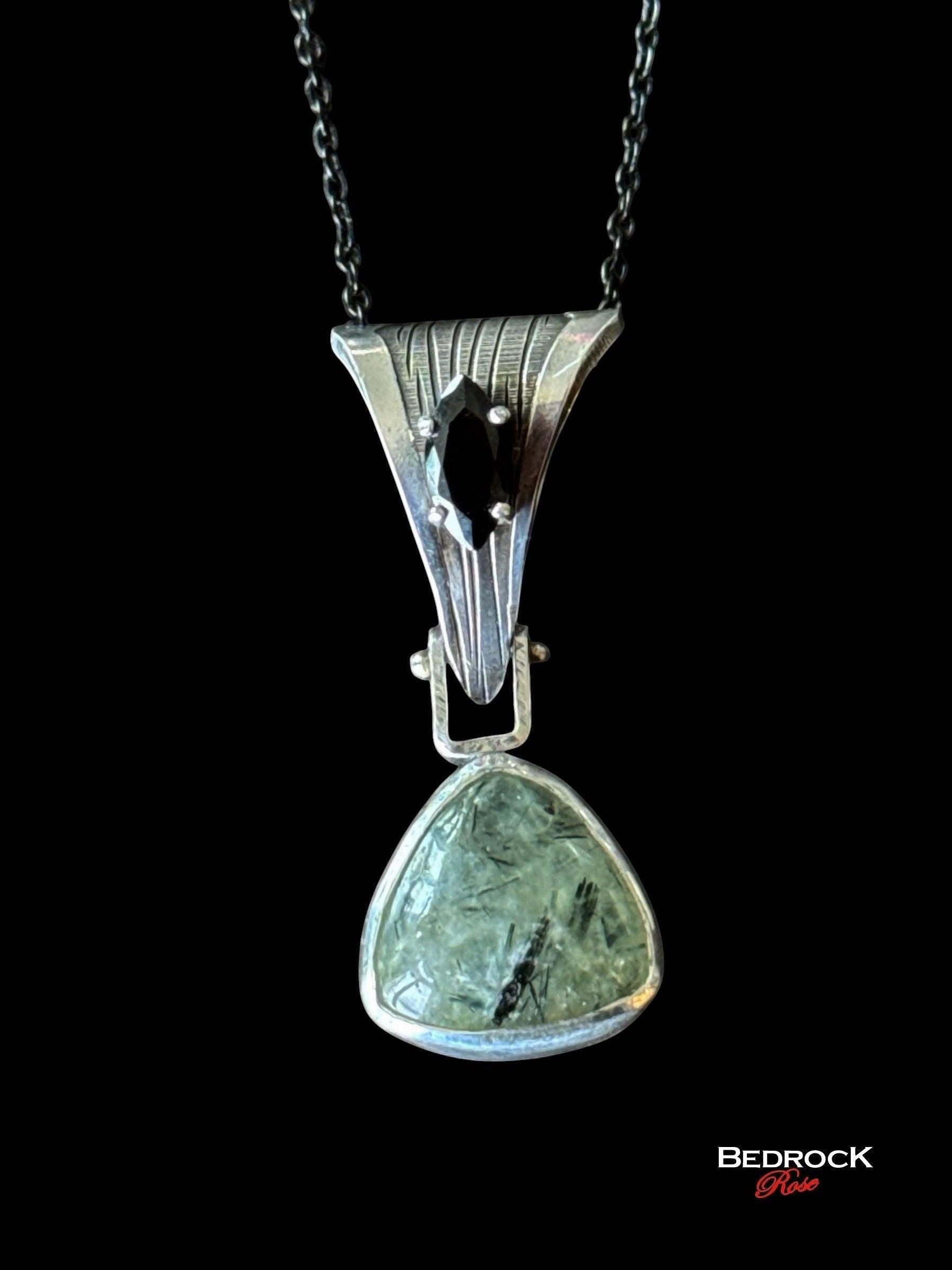 Prehnite & Marquise Onyx Statement Pendant – Hand-Milled Sterling Silver on Black Stainless Steel Chain