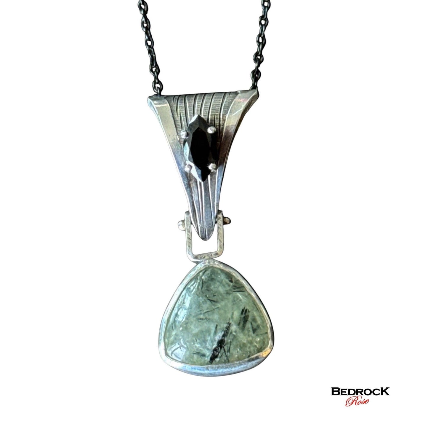 Prehnite & Marquise Onyx Statement Pendant – Hand-Milled Sterling Silver on Black Stainless Steel Chain