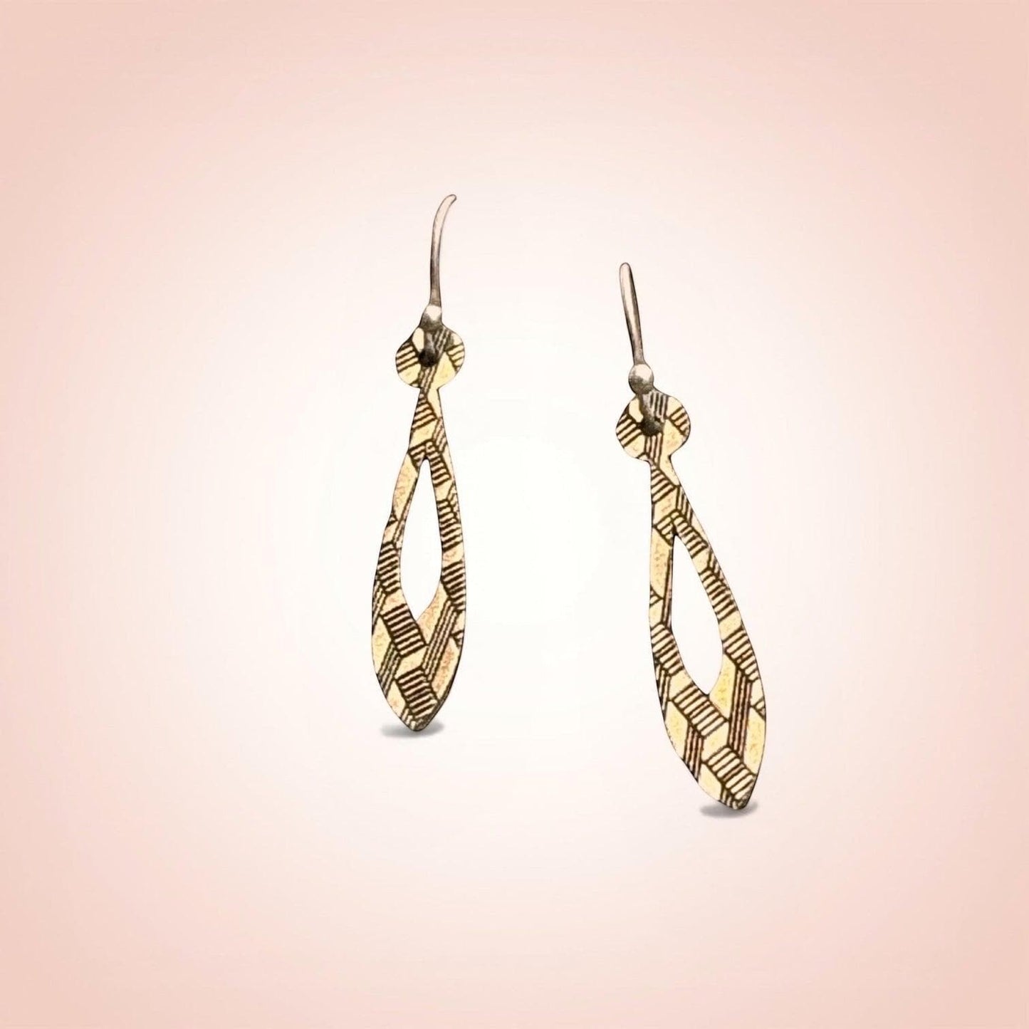 Bedrock Rose gold teardrop dangle earrings with geometric etched lines. Modern, chic, and sophisticated.