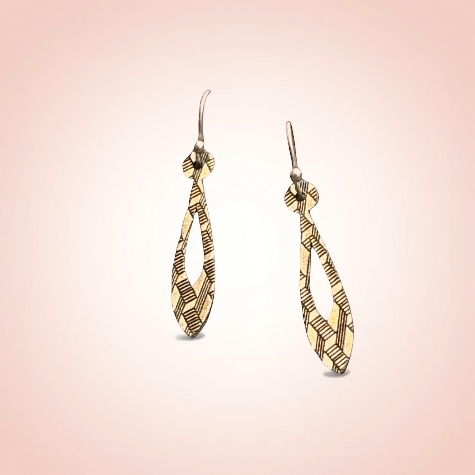 Bedrock Rose gold teardrop dangle earrings with geometric etched lines. Modern, chic, and sophisticated.