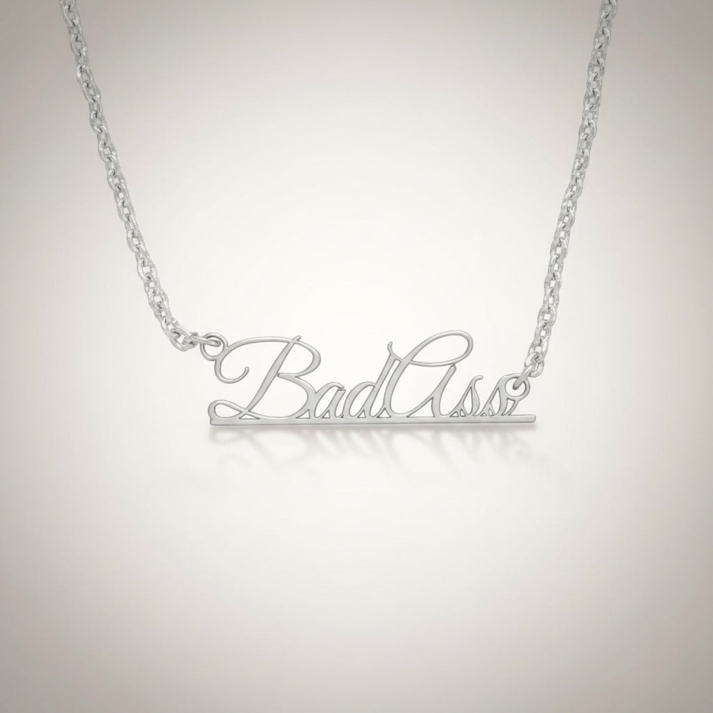 Sterling Silver "Bad Ass" Script Necklace – Laser Cut Statement Pendant on 16" Sleek Stainless Steel Chain