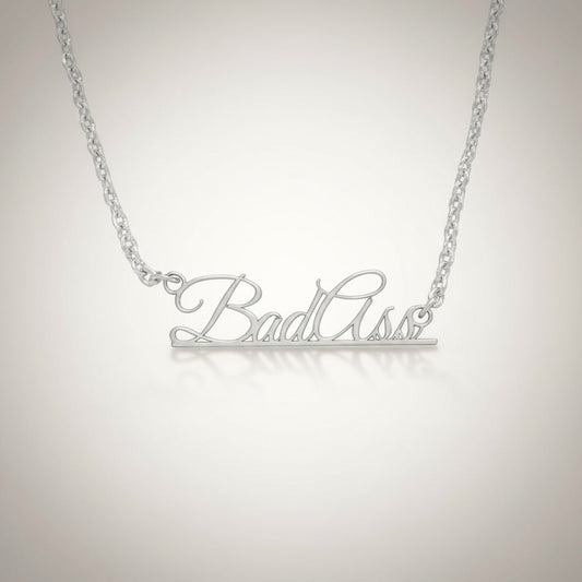 Sterling Silver "Bad Ass" Script Necklace – Laser Cut Statement Pendant on 16" Sleek Stainless Steel Chain