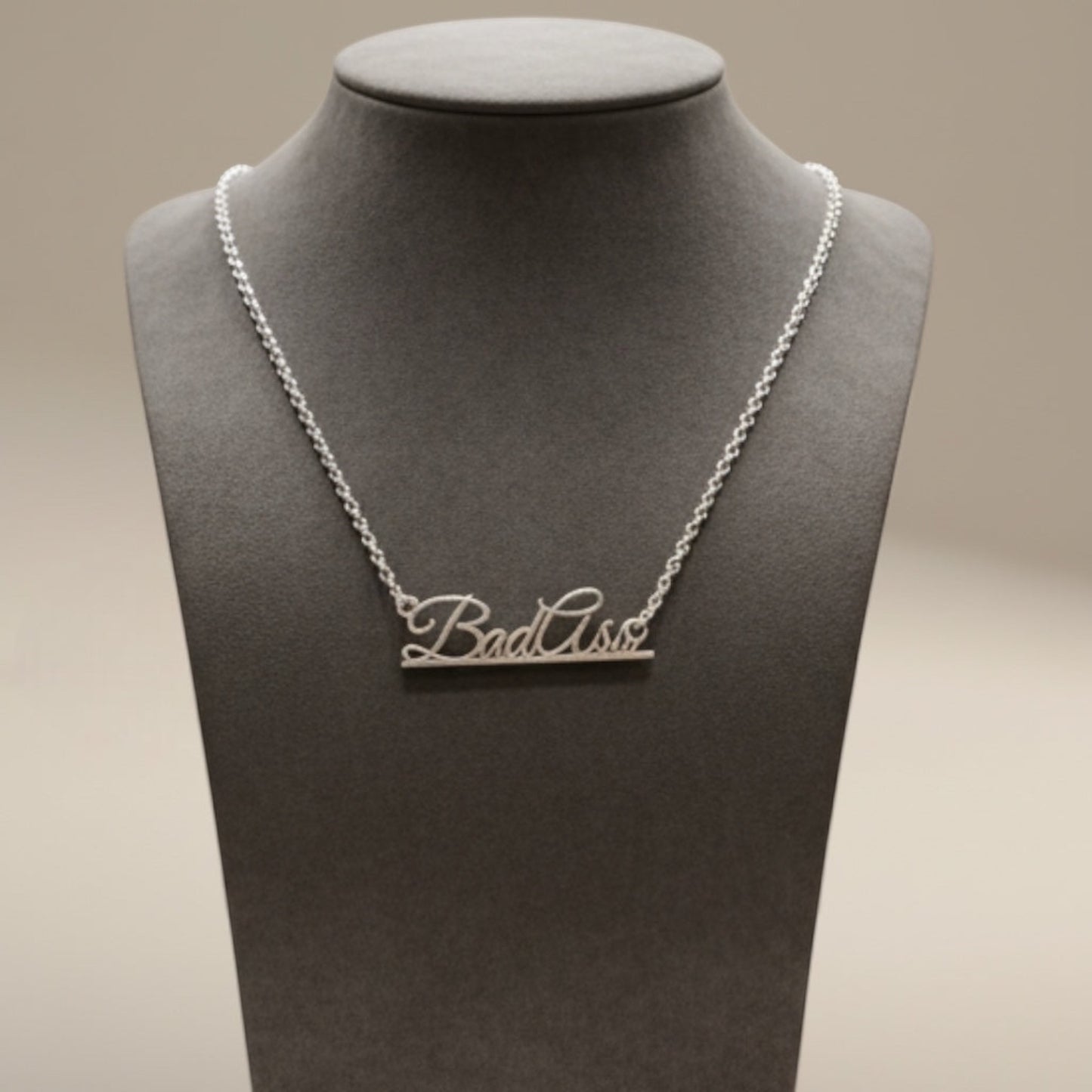 Sterling Silver "Bad Ass" Script Necklace – Laser Cut Statement Pendant on 16" Sleek Stainless Steel Chain