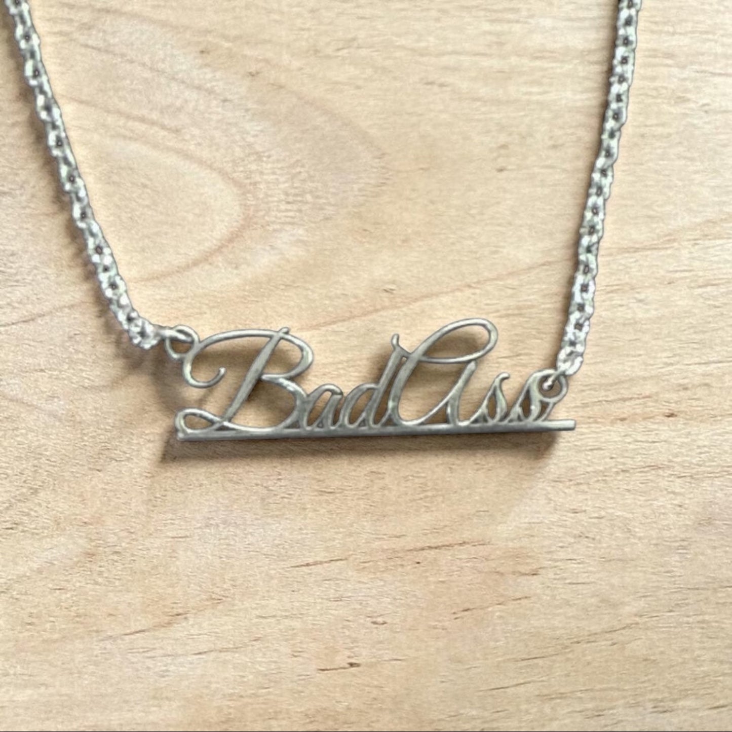 Sterling Silver "Bad Ass" Script Necklace – Laser Cut Statement Pendant on 16" Sleek Stainless Steel Chain