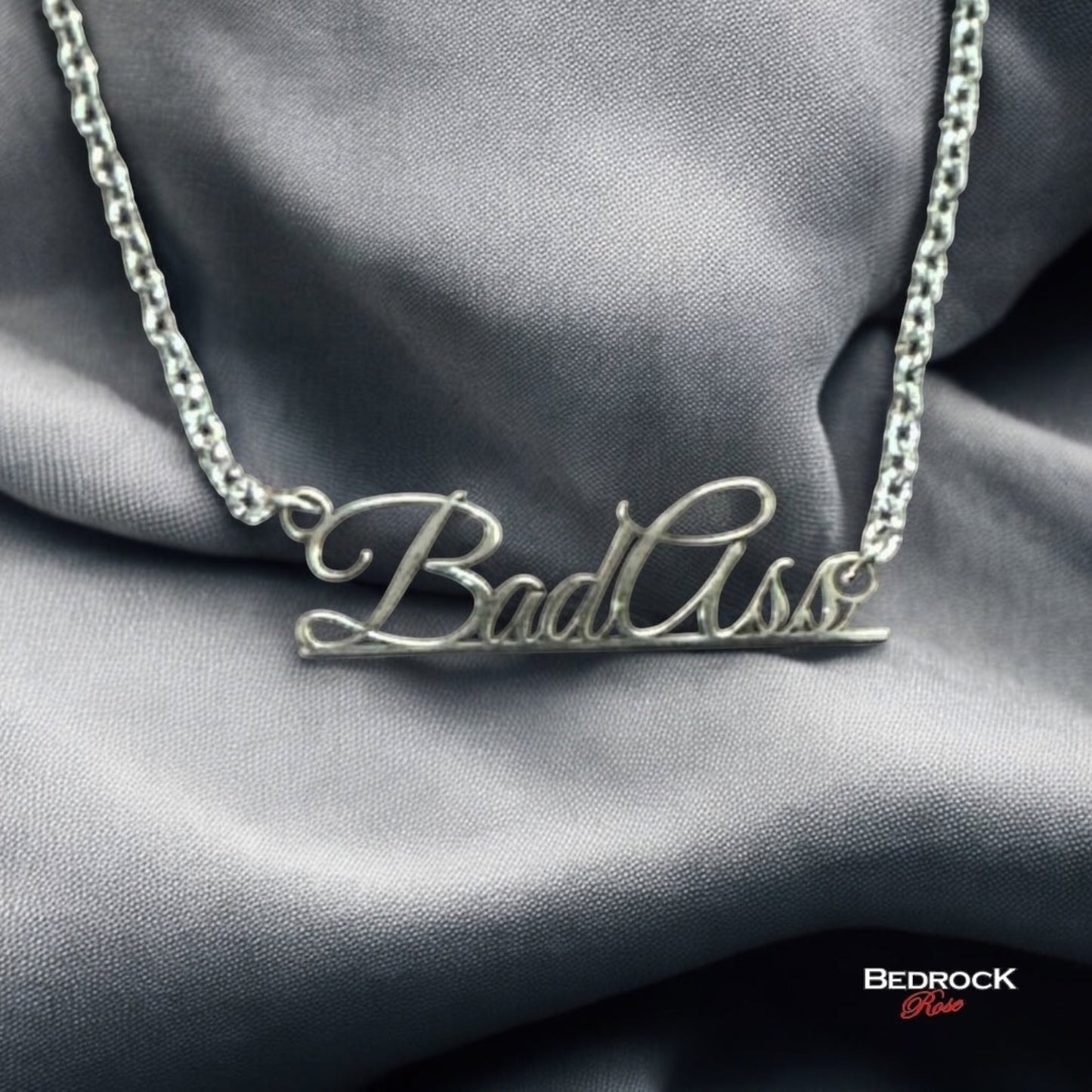 Sterling Silver "Bad Ass" Script Necklace – Laser Cut Statement Pendant on 16" Sleek Stainless Steel Chain