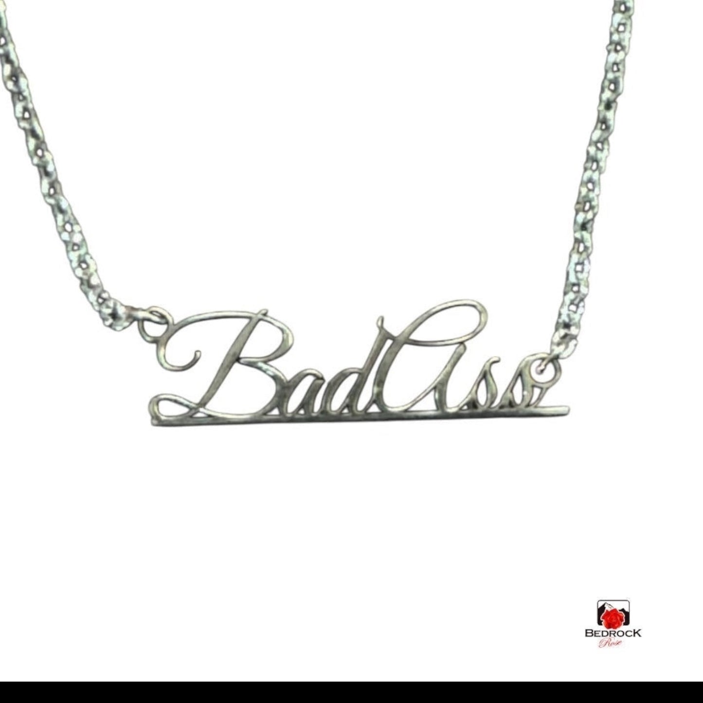 Sterling Silver "Bad Ass" Script Necklace – Laser Cut Statement Pendant on 16" Sleek Stainless Steel Chain