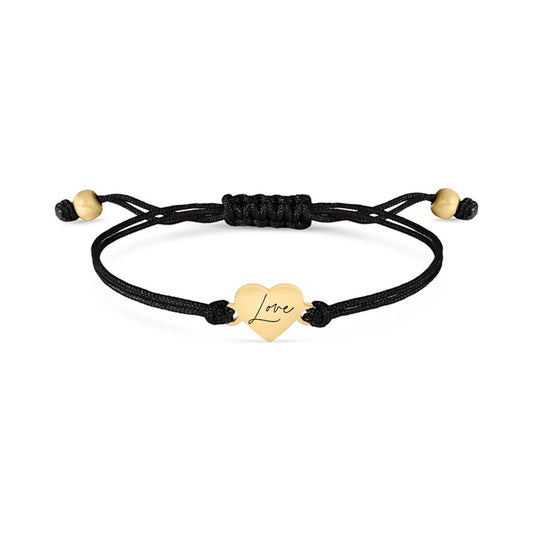 Bedrock Rose personalizable friendship bracelet with a gold-tone stainless steel heart charm on a black cord.