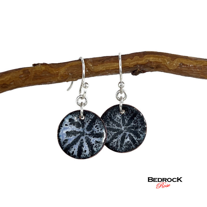 Sand Dollar Dangling Earrings, Black on White design on enameled copper earrings, handcrafted earrings