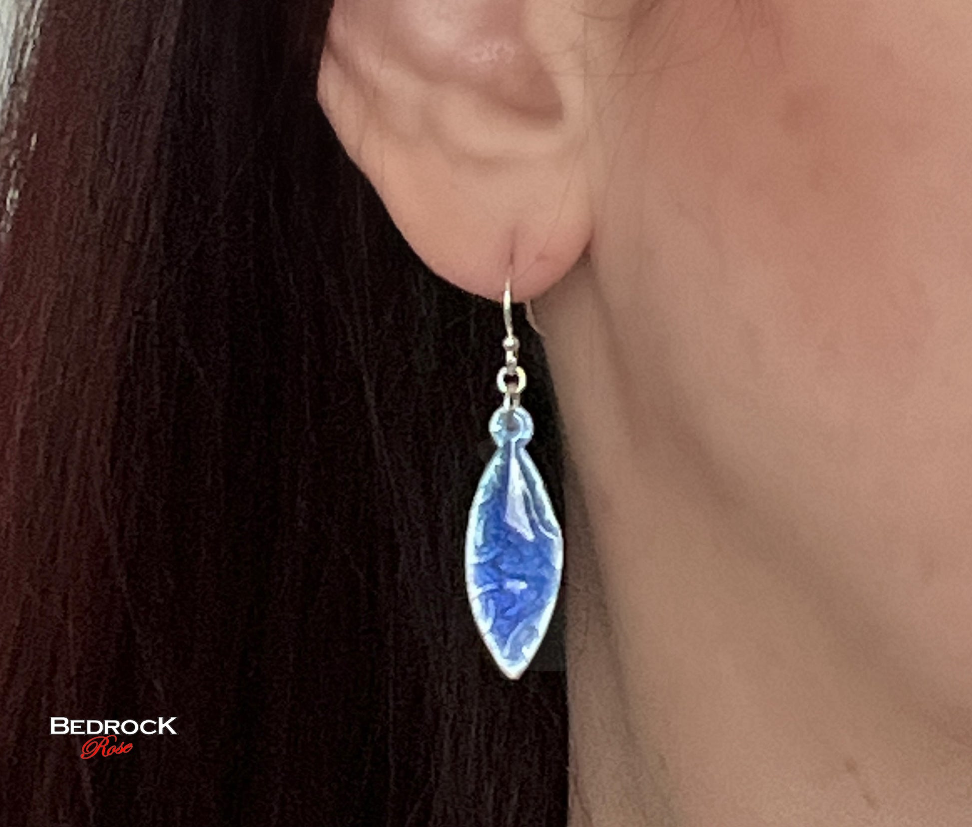 Transparent blue enamel fine silver dangling earrings