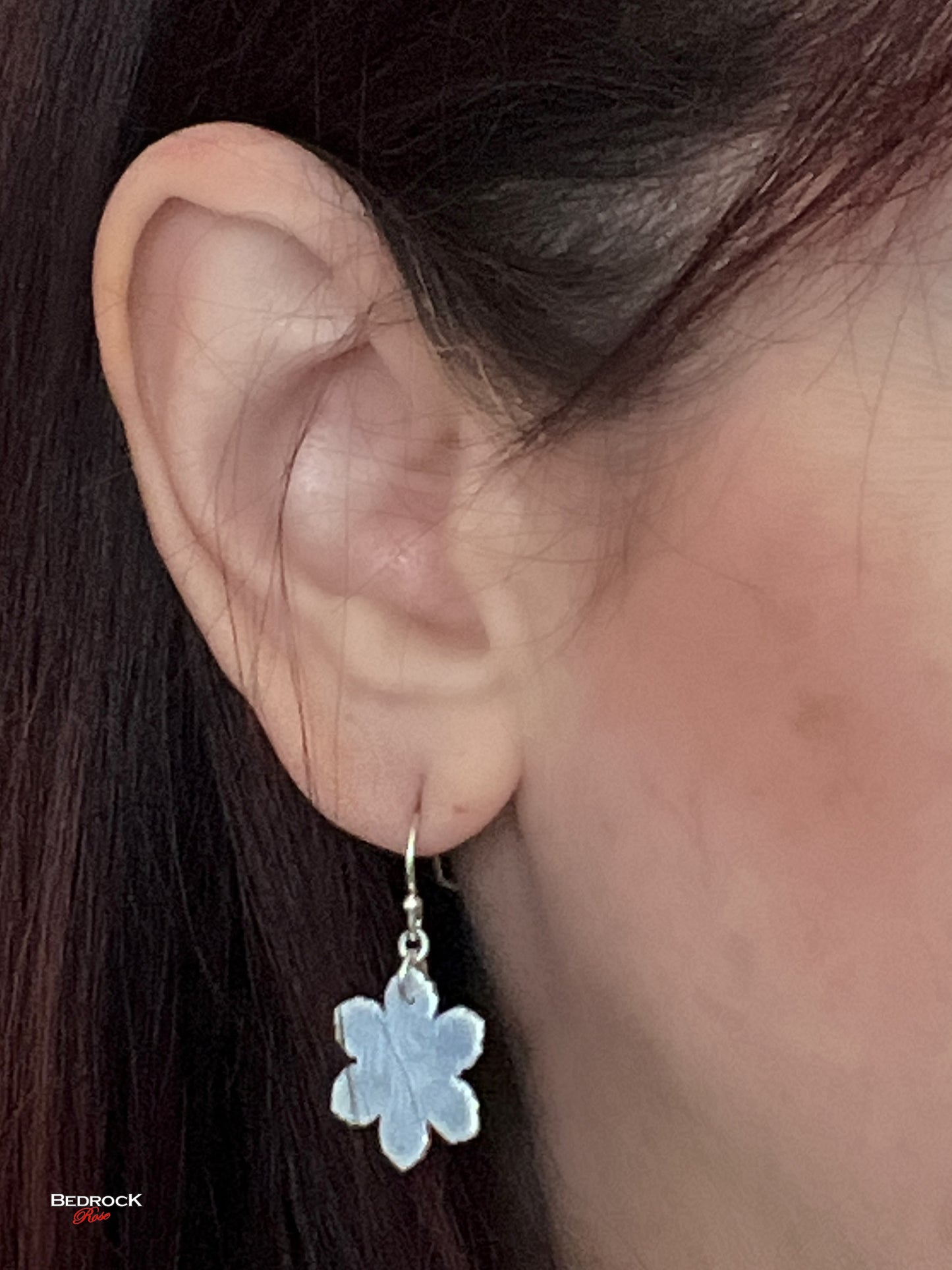 Baby blue enamel fine silver flower dangling earring