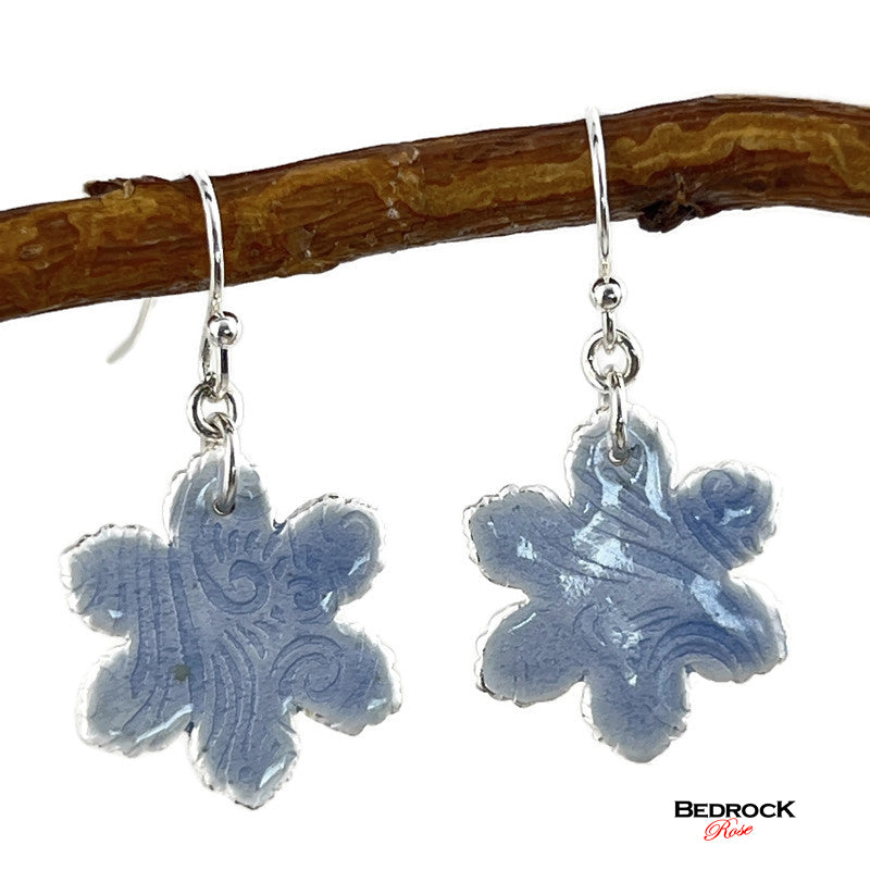 Baby blue enamel fine silver flower dangling earring