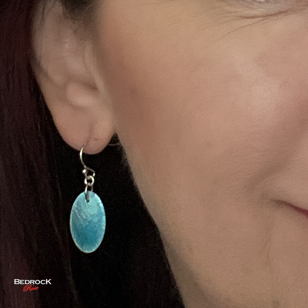 Powder blue enamel fine silver floral texture Oval Dangling Earrings