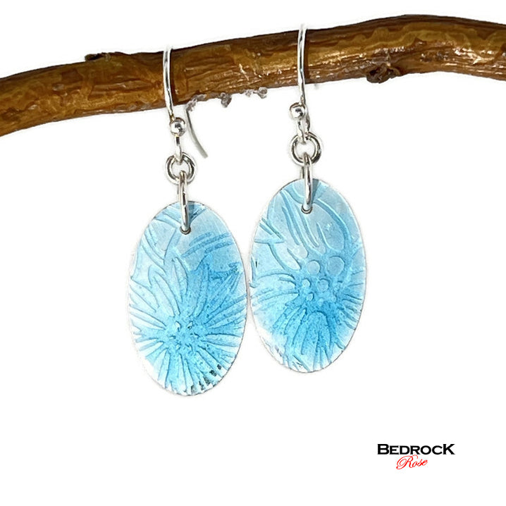 Powder blue enamel fine silver floral texture Oval Dangling Earrings