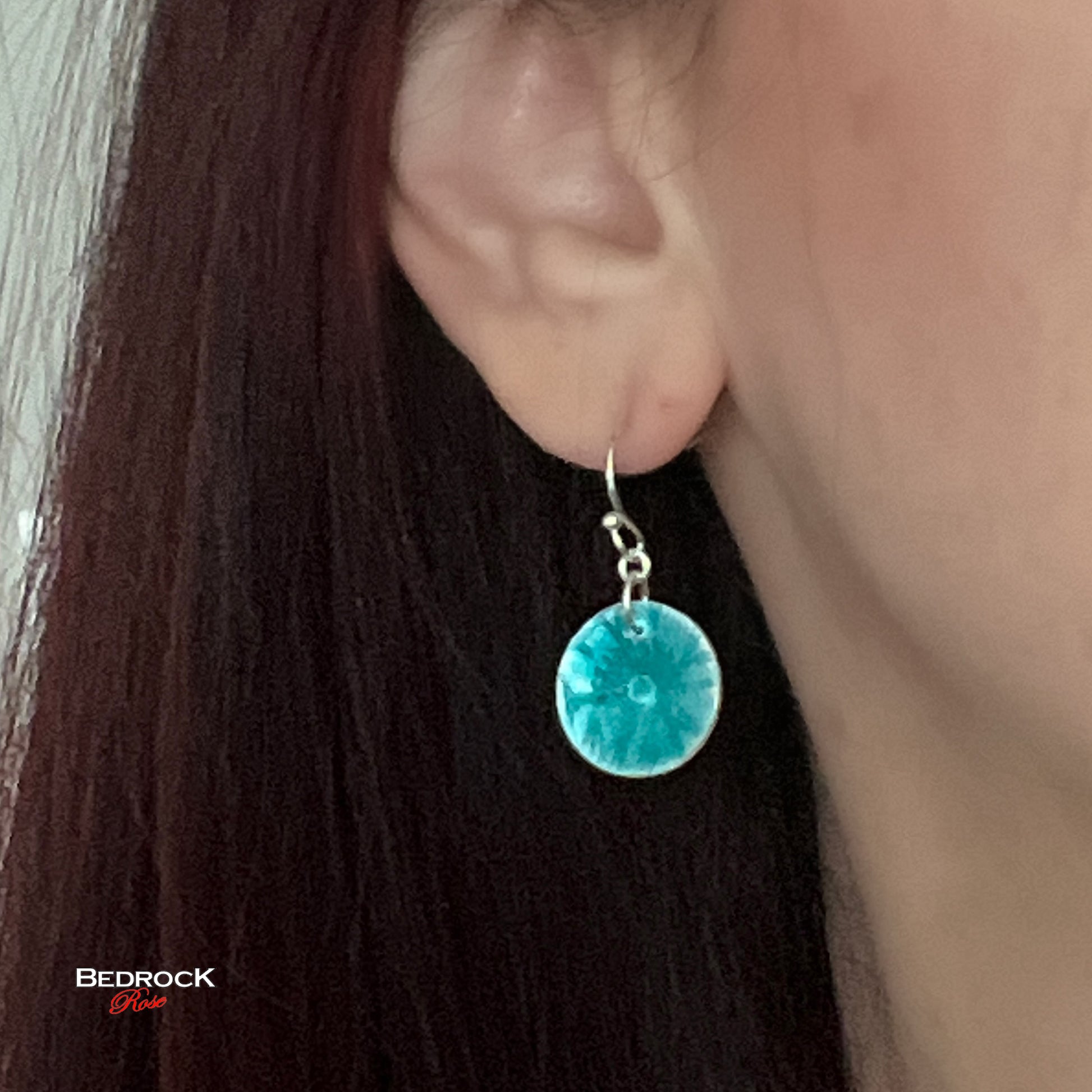 Teal Green Silver Dangling Round Earrings