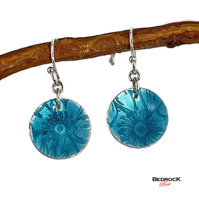 Teal Green Silver Dangling Round Earrings