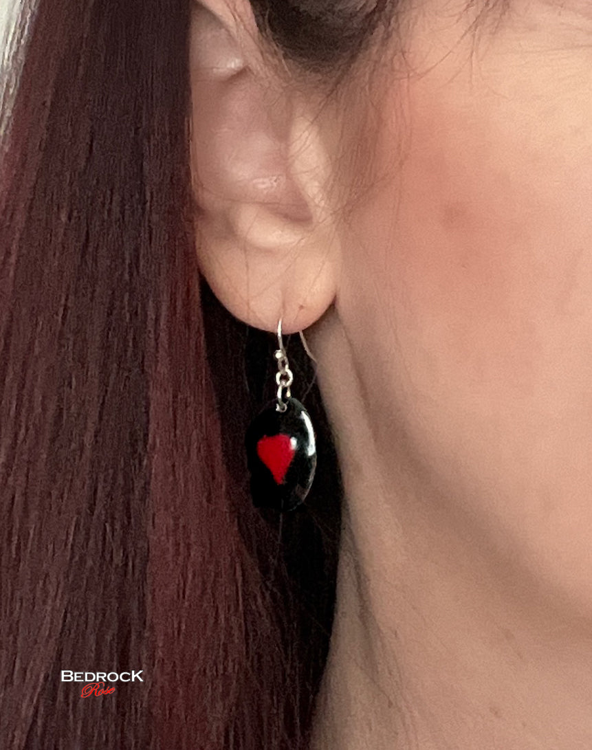 Red Heart on Black Oval Dangling Earrings