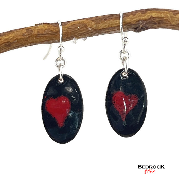 Red Heart on Black Oval Dangling Earrings