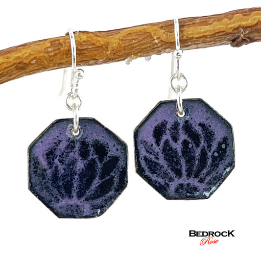 Black flower petals on purple background dangling hexagon earrings