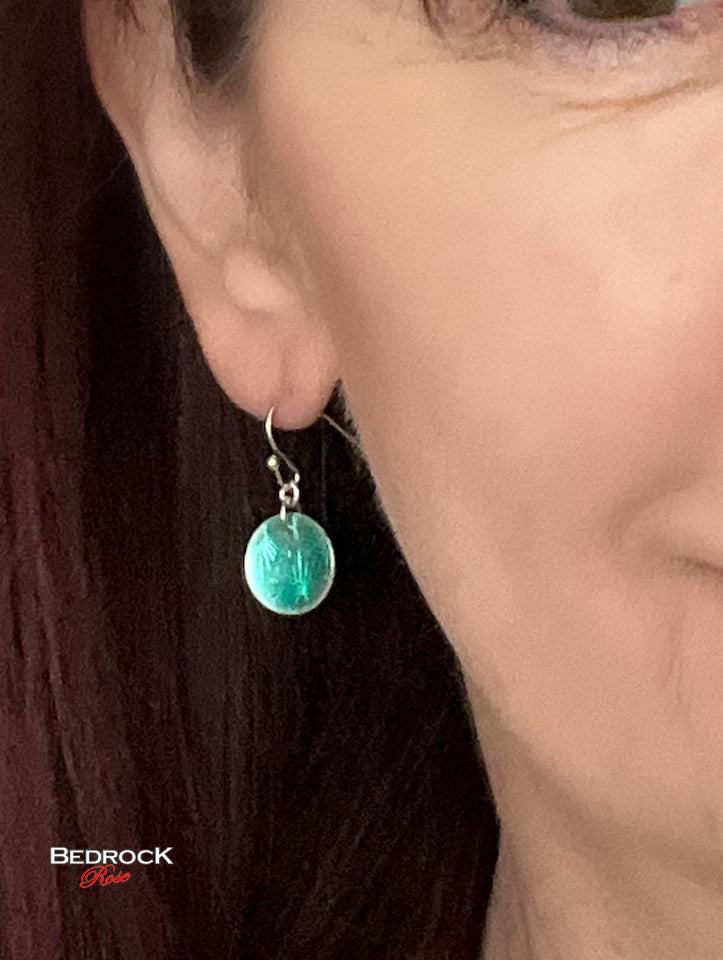 Teal Green Silver Round Dangling Earrings, Enameled Dangle Earrings, Handmade jewelry