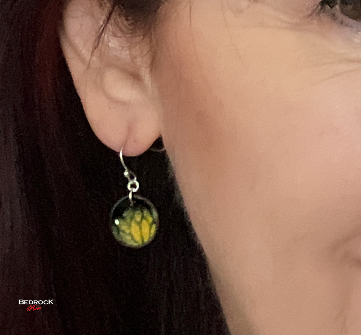 Yellow flower petals black circle dangling earrings