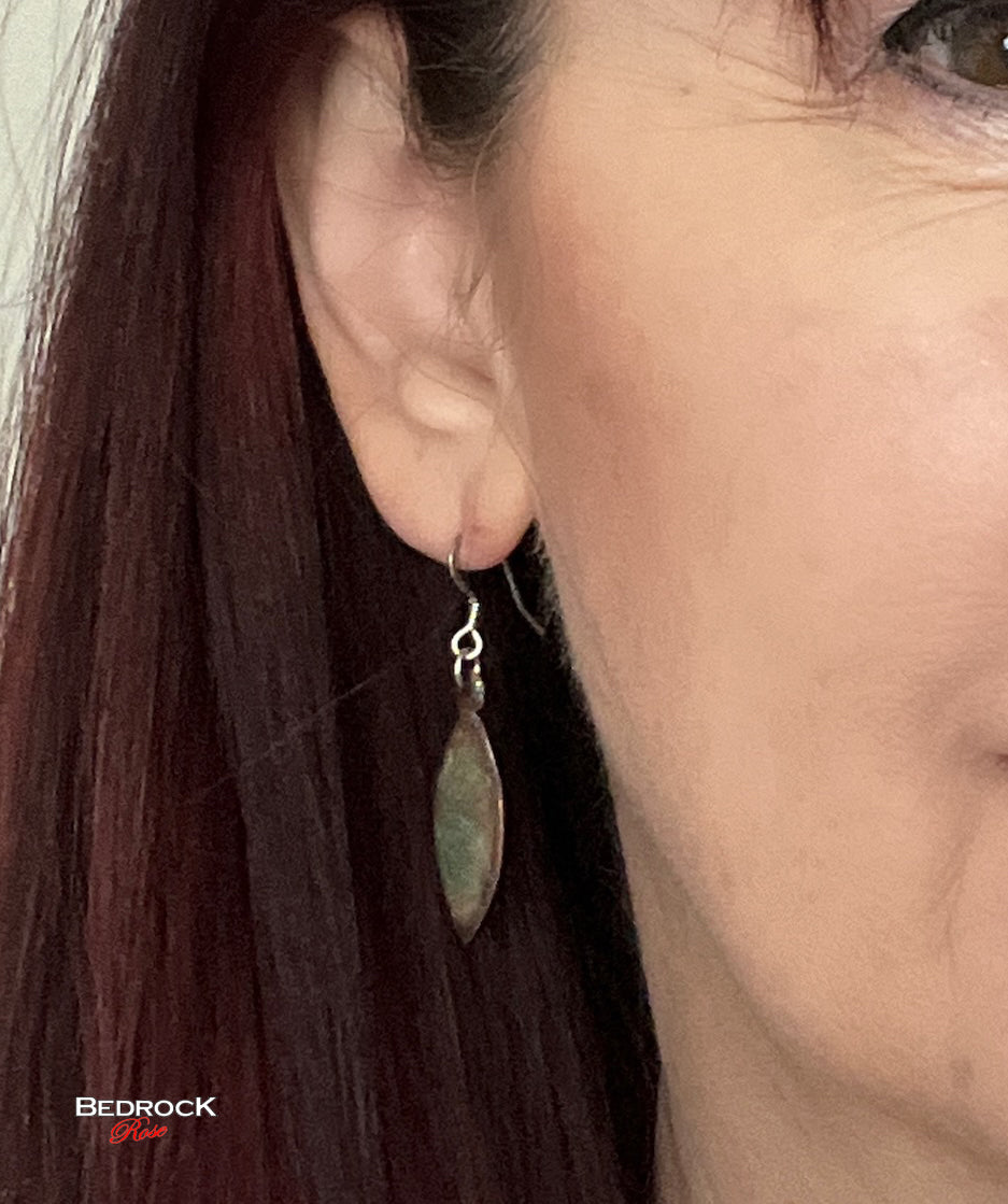 Chatoyant-effect on Copper Enameled Dangling Earrings, Pointed oval statement earrings, Fashion jewelry