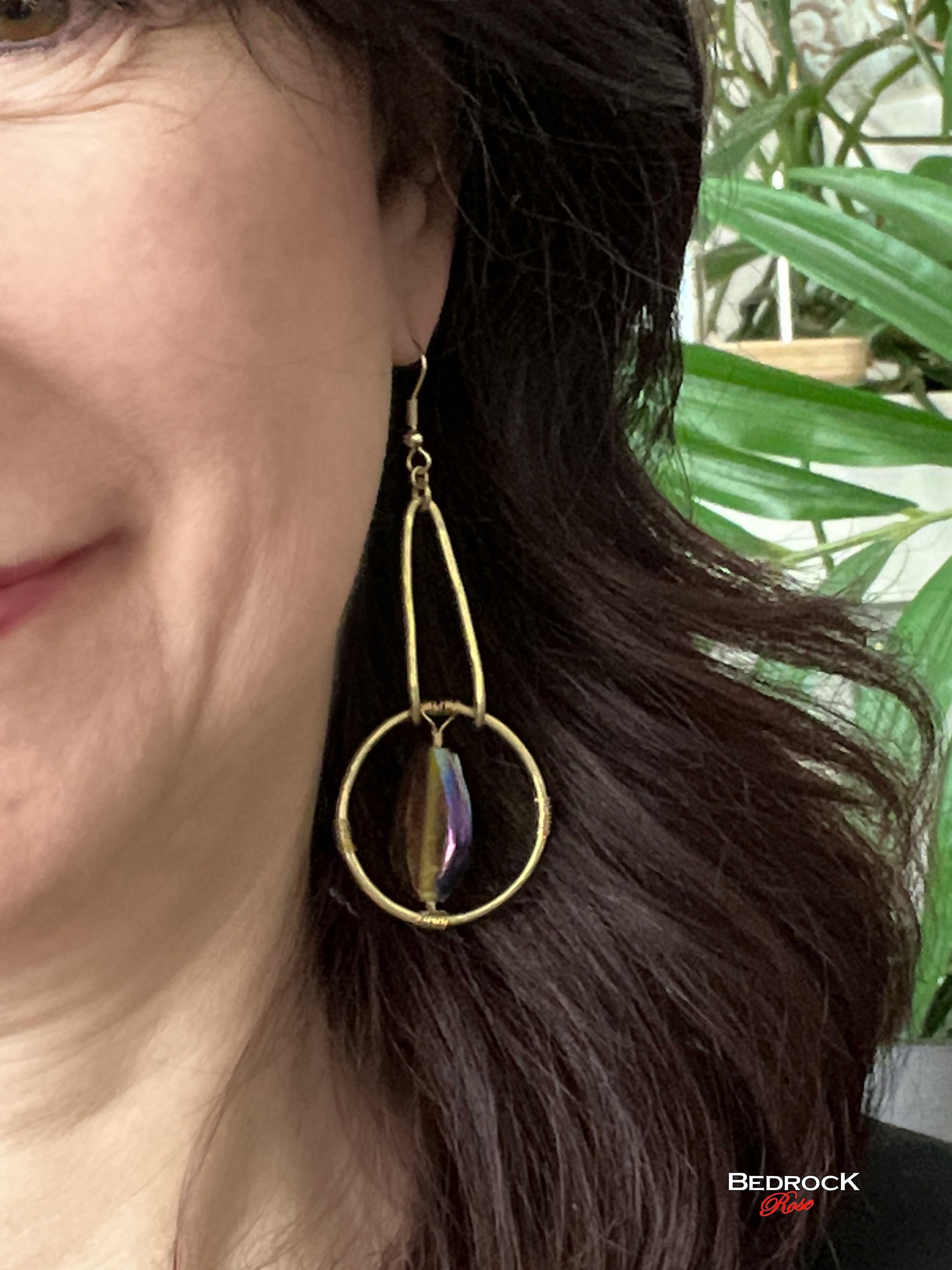 Dazzling Dangling Earrings Iridescent Focal Bead, Brass Framed Dangling Earrings, Gift for Her