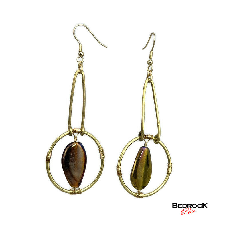 Dazzling Dangling Earrings Iridescent Focal Bead, Brass Framed Dangling Earrings, Gift for Her