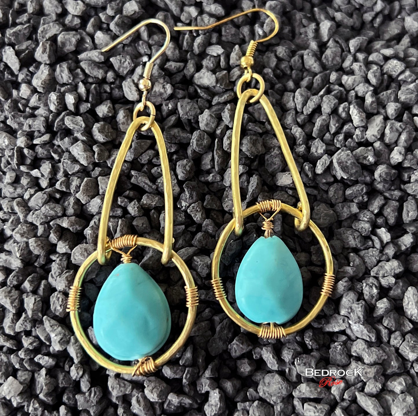 Boho Turquoise Focal Dangling Earrings, Turquoise Bead with Brass Frame Dangling Earrings, Casual Boho Turquoise Earrings, Gift for Her