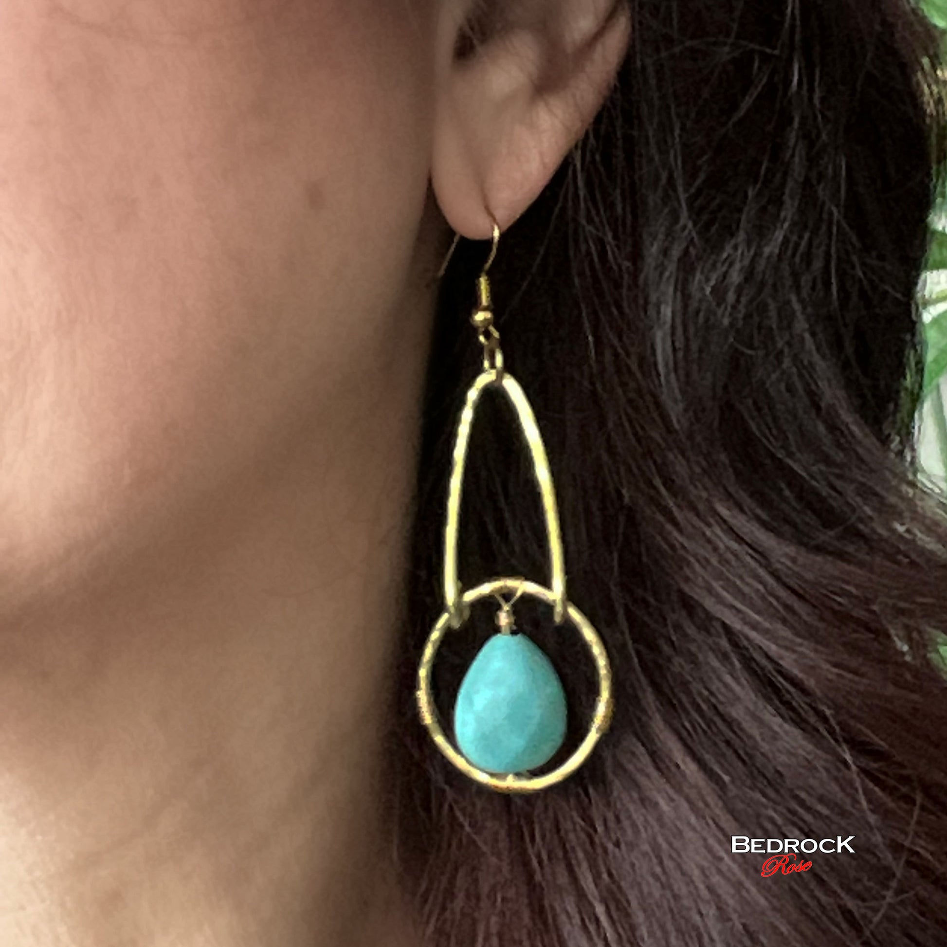 Boho Turquoise Focal Dangling Earrings, Turquoise Bead with Brass Frame Dangling Earrings, Casual Boho Turquoise Earrings, Gift for Her