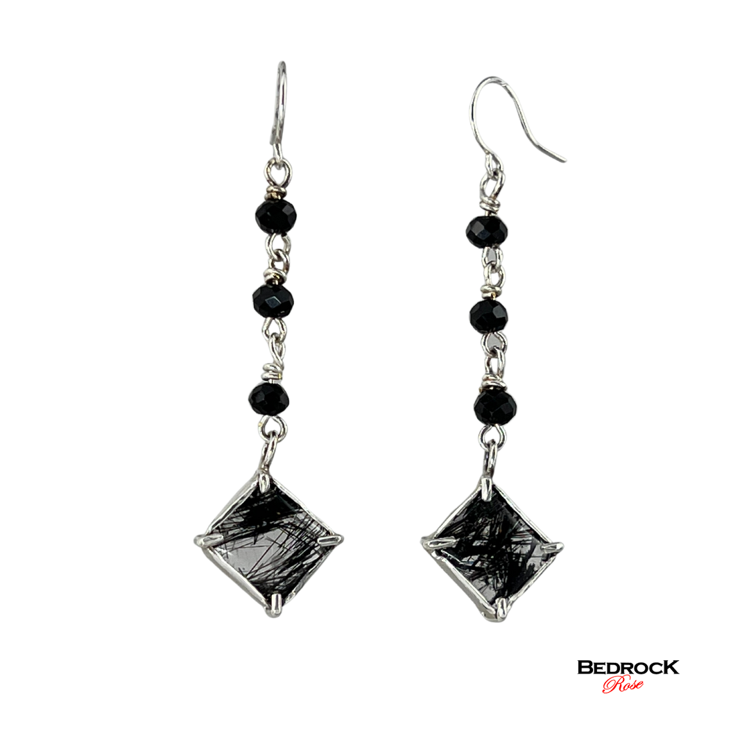 Black Rutilated Quartz Earrings, Rutilated Quartz Open Back Earrings, Strength Promoting Rutilated Quartz Jewelry, Gift for Her