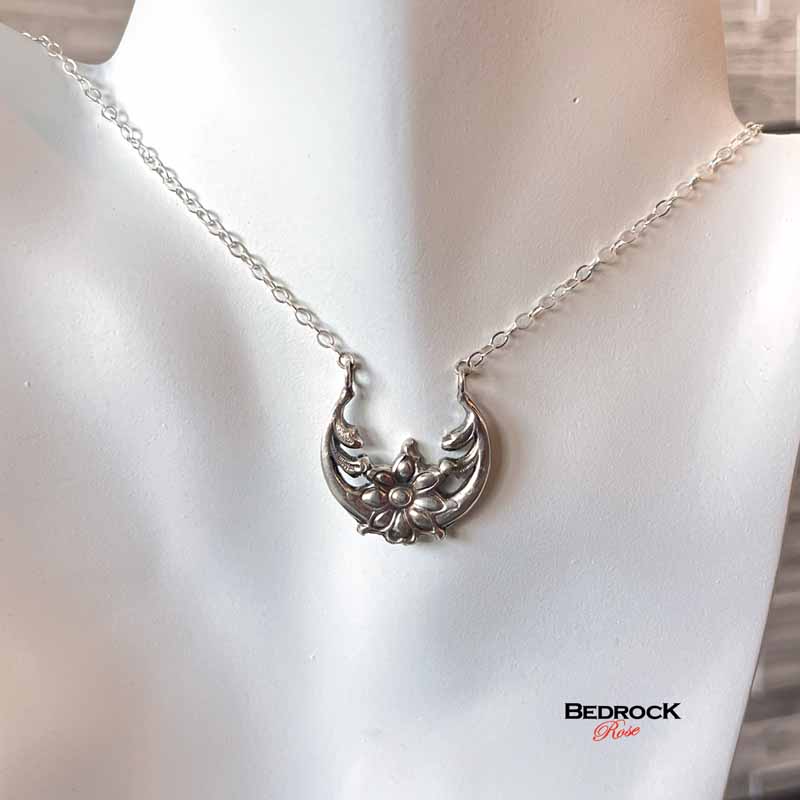 Sterling Silver Moonflower Crescent Pendant Bedrock Rose, Solar Eclipse Jewelry, Moonflower Necklace
