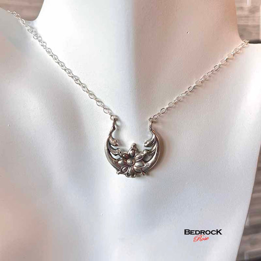 Sterling Silver Moonflower Crescent Pendant Bedrock Rose, Solar Eclipse Jewelry, Moonflower Necklace