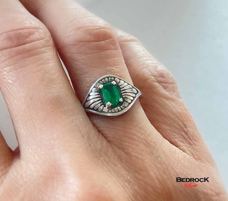 Emerald Green Sterling Art Deco Ring Bedrock Rose