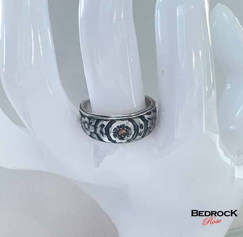 Triple Flower Ring Bedrock Rose, Orange Gemstone in floral setting ring, Floral design ring band