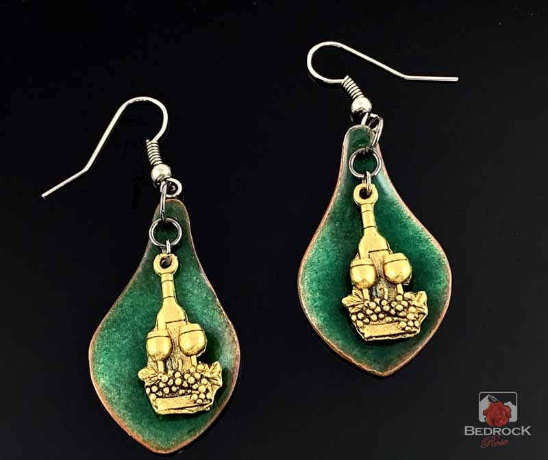 Charming Green Enameled Wine Earrings Bedrock Rose, Handmade Jewelry