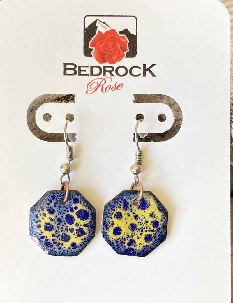 Yellow and Blue Crackle Enamel Dangling Earrings Bedrock Rose