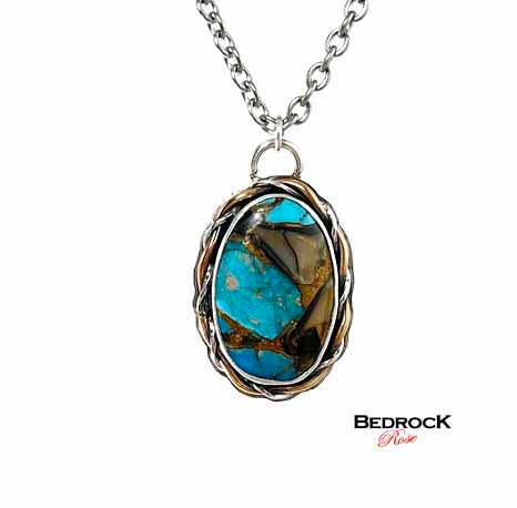 Stunning Kingman Turquoise, Onyx, and Bronze Pendant Bedrock Rose