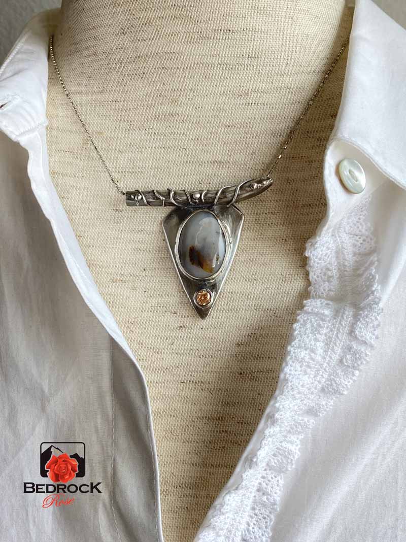 Charming Silver Hand-Fabricated Montana Agate Pendant Bedrock Rose