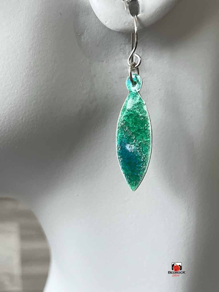 Sparkly Silver Green Earrings Bedrock Rose, Glass enamel earrings, Handmade Jewelry, Gift for Her