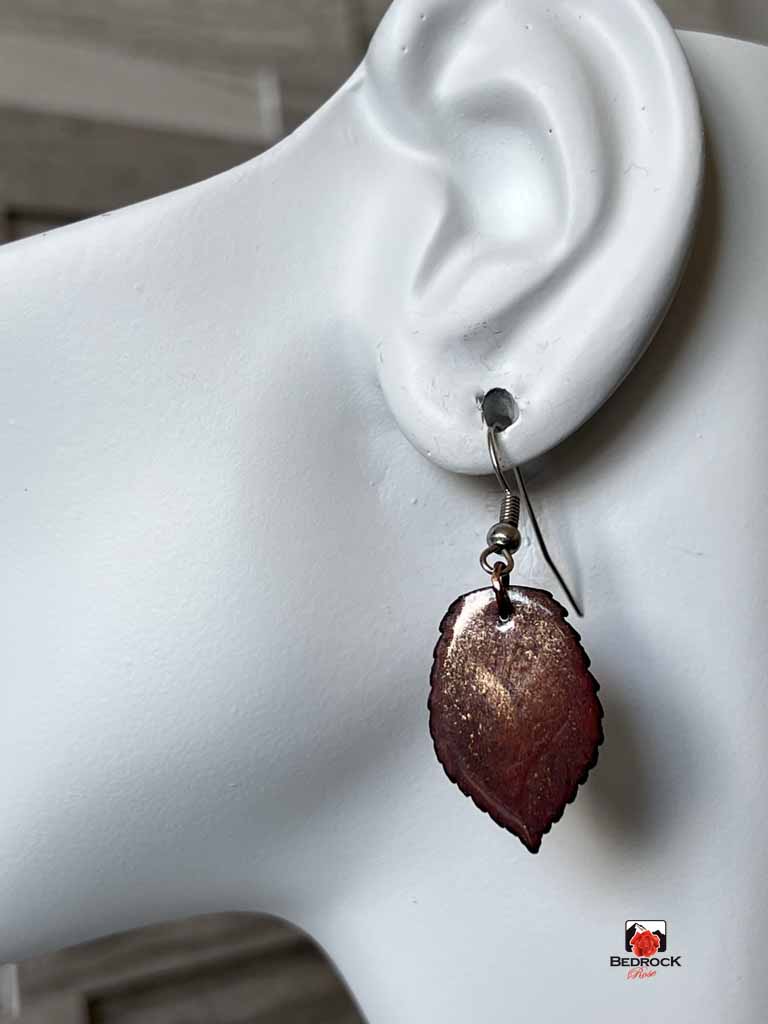 Warm Copper and Bronze Leaf Dangling Earrings Bedrock Rose, Nature-inspired jewelry, burnt umber leaf danglers