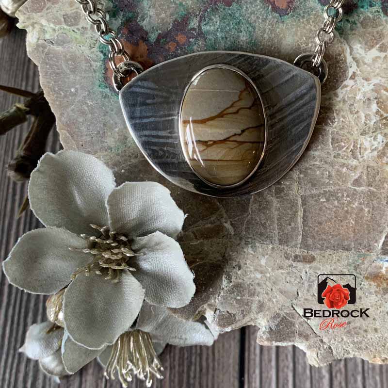 Picturesque Owyhee Jasper, Fine Silver Pendant Bedrock Rose