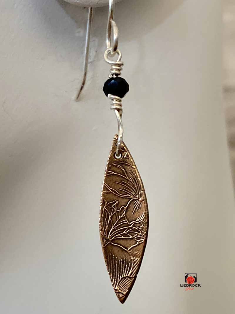 Warm Rose Bronze Floral Pointy Oval Dangling Earrings, Engraved Jewelry, Elegant Danglers