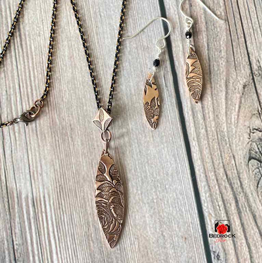 Warm Rose Bronze Rose Patterned Pointy Oval Necklace and Dangling Earrings, Glamorous Engraved Jewelry