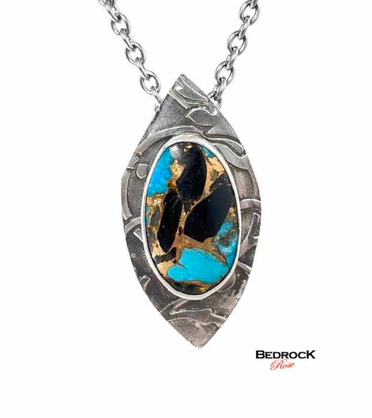 Vibrant Kingman Turquoise, Onyx, and Bronze Pendant Bedrock Rose