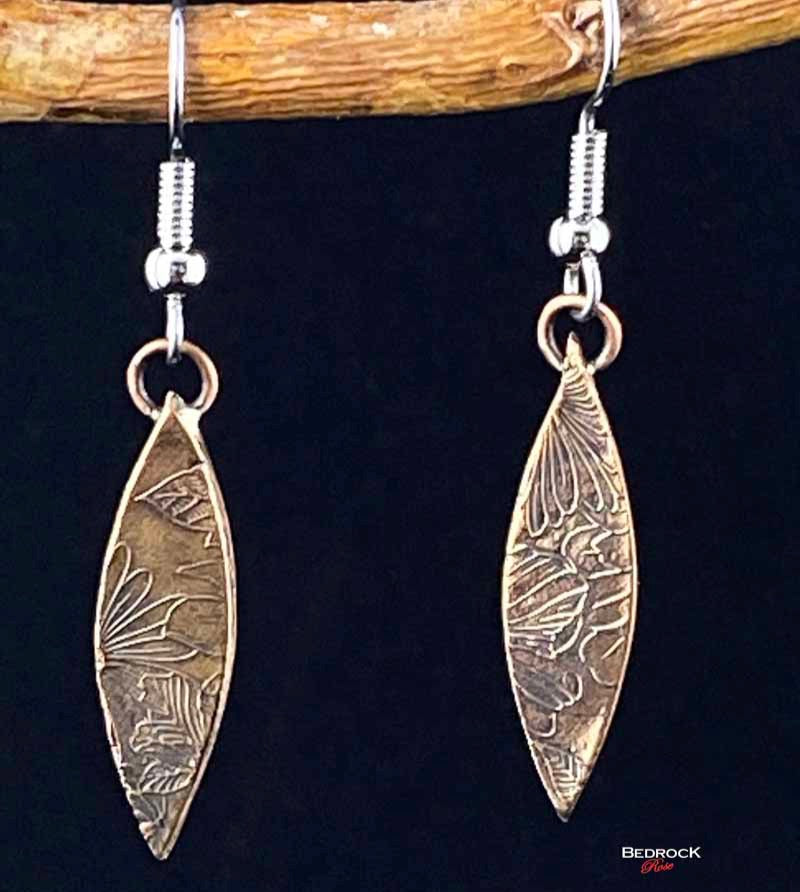Warm Rose Bronze Floral Patterned Pointy Oval Dangling Earrings, Engraved Jewelry, Gift for Her