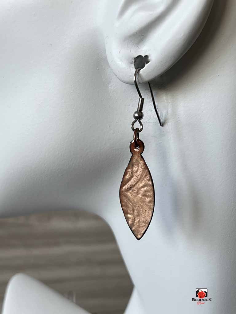 Pointy Oval Copper Dangling Earrings with Transparent Enamel,  Bedrock Rose