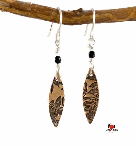 Warm Rose Bronze Rose Patterned Pointy Oval Necklace and Dangling Earrings, Glamorous Engraved Jewelry