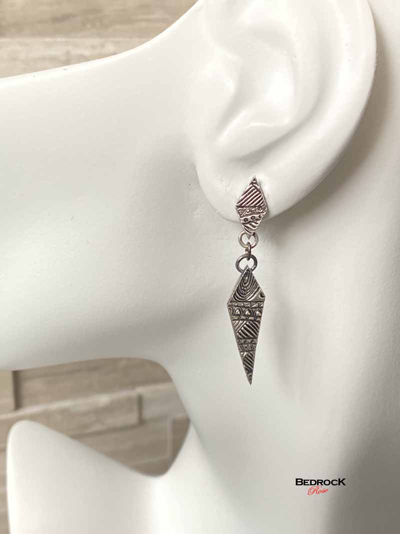 Silver Intricate Geo-Quilt Drop Earrings Bedrock Rose, Handcrafted Post Earrings
